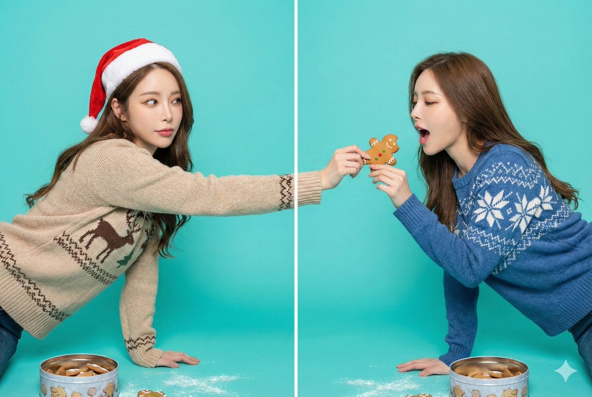 A bright, flat-lit split-panel Christmas portrait where two characters lean across a dividing line to share a bitten gingerbread cookie. Features teal studio background, festive sweaters, and cookie-tin props with scattered frosting for a playful storytelling feel.