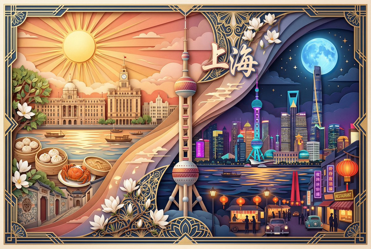A visually stunning paper-cut layered artwork featuring a single iconic city landmark bisected by an elegant diagonal day-to-night transition, with rich cultural motifs, foods, plants, and glowing night lights. Designed with extreme multi-layer depth, dramatic shadows, and Van Gogh-related elements in 4K vertical 9:16.