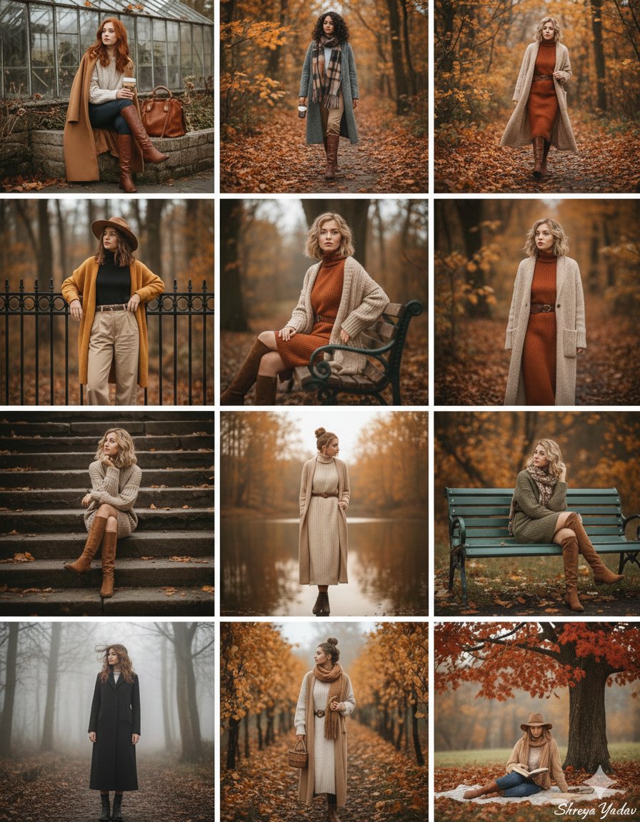 High-resolution autumn fashion collage in a clean 12-photo grid, featuring stylish young women in cozy outdoor scenes with warm golden-hour lighting and cinematic bokeh. Earthy-toned outfits and varied poses create a cohesive, high-end influencer editorial aesthetic.
