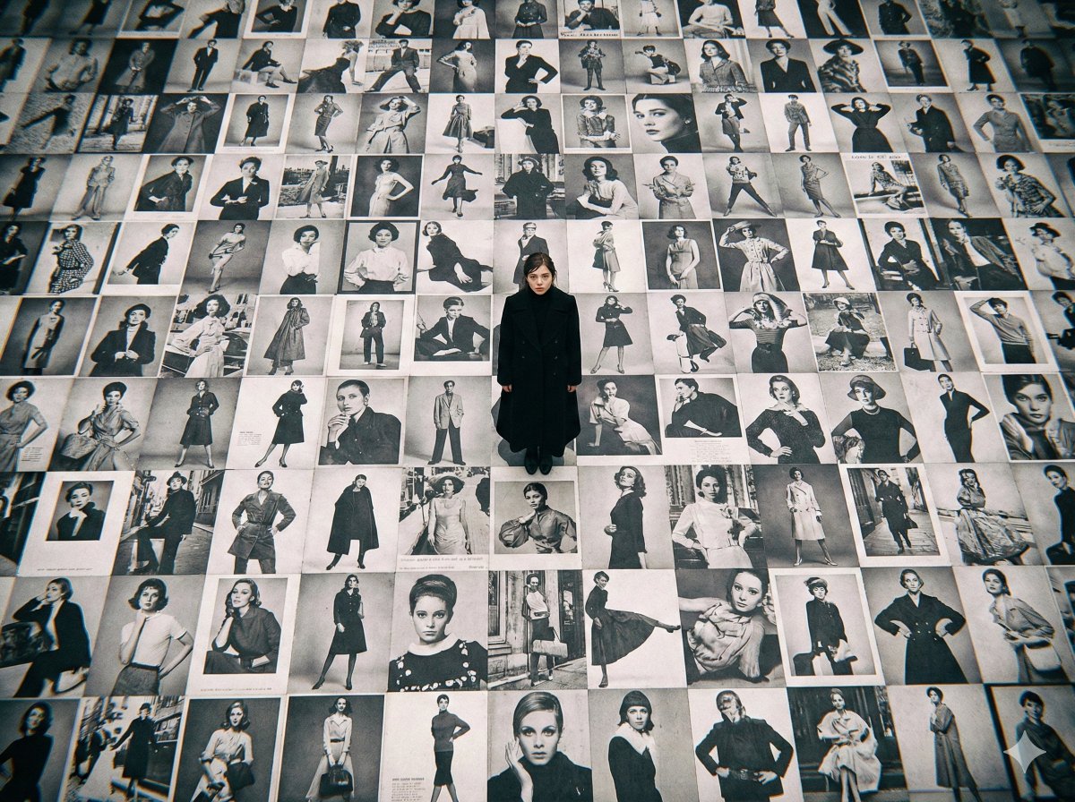 A high-resolution bird’s-eye view photograph shot on a LOMO Ic-a, showing a ground covered with countless black-and-white billboard ads of beautiful fashion models. Standing atop the advertisements is an incredibly beautiful Japanese film actress wearing a long black coat.