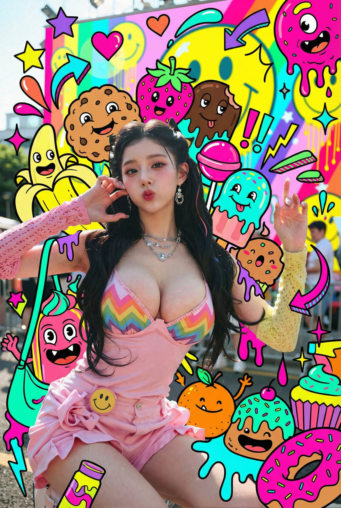 Keep the person fully photorealistic while adding a dense, neon pop-style layer of illustrated sweets monsters and graphic doodles around them and over clothing (never on skin or face). The background perspective stays unchanged for a high-energy, busy pop-art scene.