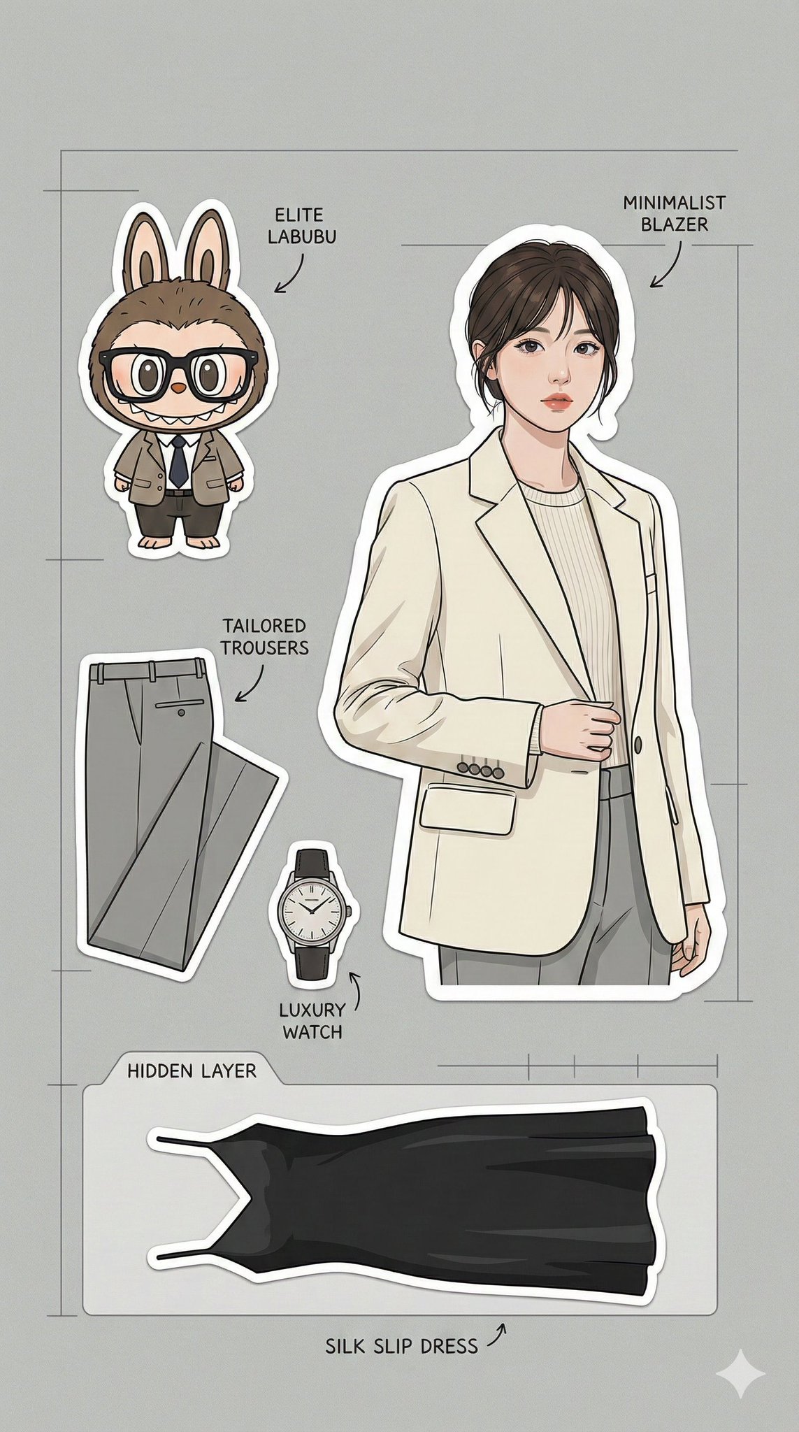 A calm, restrained 9:16 minimalist fashion illustration on matte premium gray paper, featuring crisp sticker elements, technical drafting lines, and ultra-thin handwritten annotations. Centered are professional suit outfit stickers, including a Labubu figurine in black-rim glasses and tie, with deconstructed clothing and luxury details.