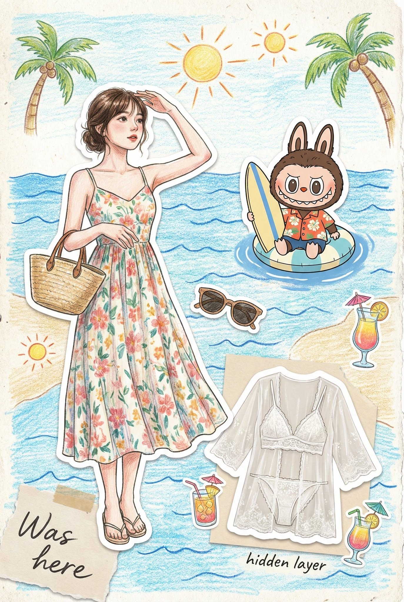 A vertical, summer-themed fashion illustration with blue ocean waves and sandy blocks in a colored-pencil texture, styled like a scanned travel scrapbook page filled with cute stickers and doodles.