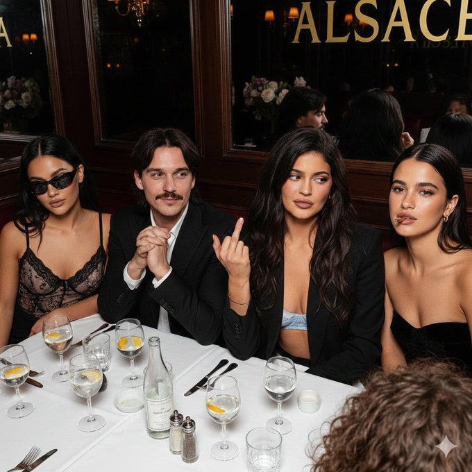 A hyper-realistic, candid high-angle group portrait of fashionable young adults seated closely around a white dining table in a dimly lit upscale brasserie, with warm ambient lighting and bold, rebellious attitudes.