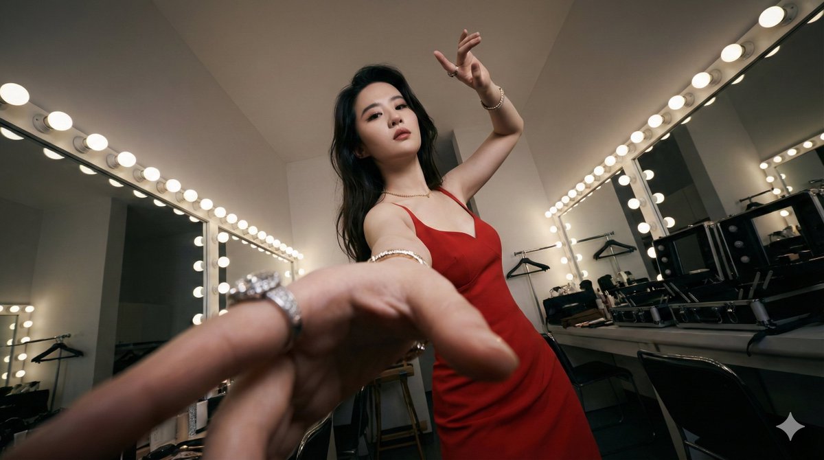 Transform an original photo into a dramatic, realistic ultra-wide shot with extreme camera angles, exaggerated near-lens body parts, and a powerful, fashion-forward pose in an expanded version of the same environment.