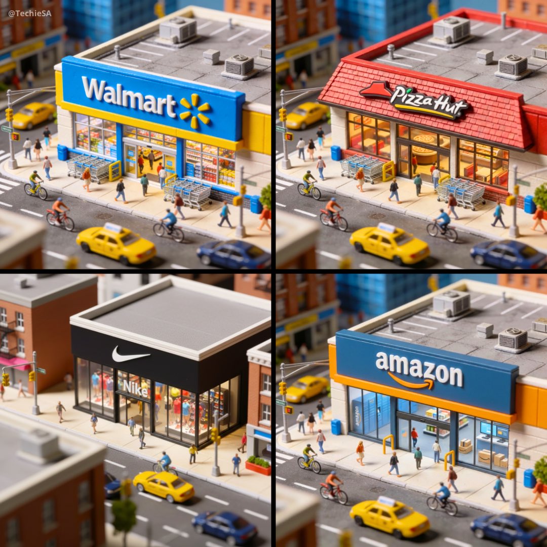 Create a dynamic aerial shot of a bustling city street that dolly-ins toward a miniature {{BRAND}} store, capturing lively pedestrian, cyclist, and vehicle activity in bright daylight. The scene emphasizes playful miniature aesthetics and intricate cityscape details with clear storefront branding and window merchandise.