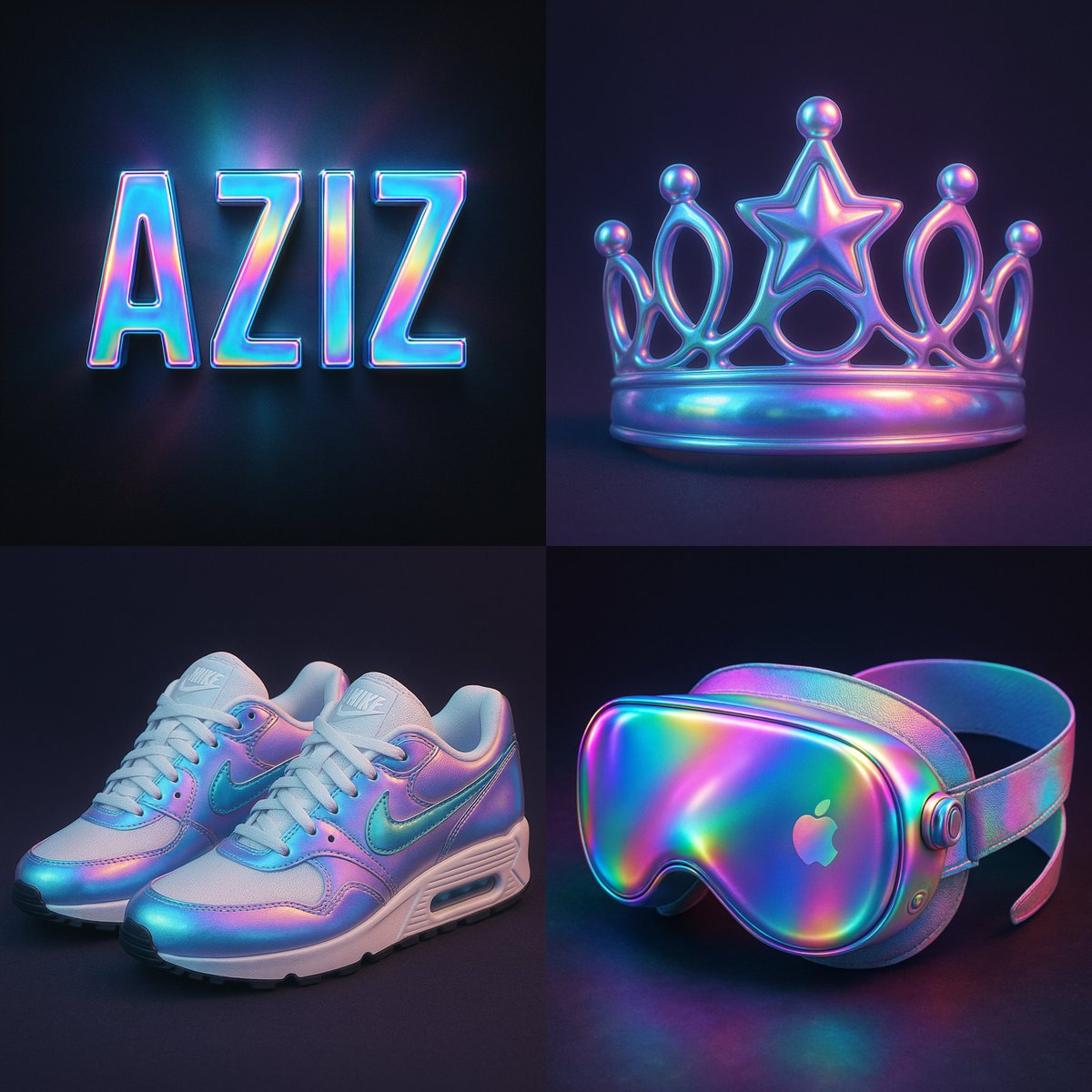 Apply a holographic overlay to your subject or text with dreamy rainbow gradients, soft radial reflections, and a glossy high-contrast finish on a dark background. Designed for ultra-HD 1:1 visuals with cinematic lighting and subtle depth-enhancing shadows.