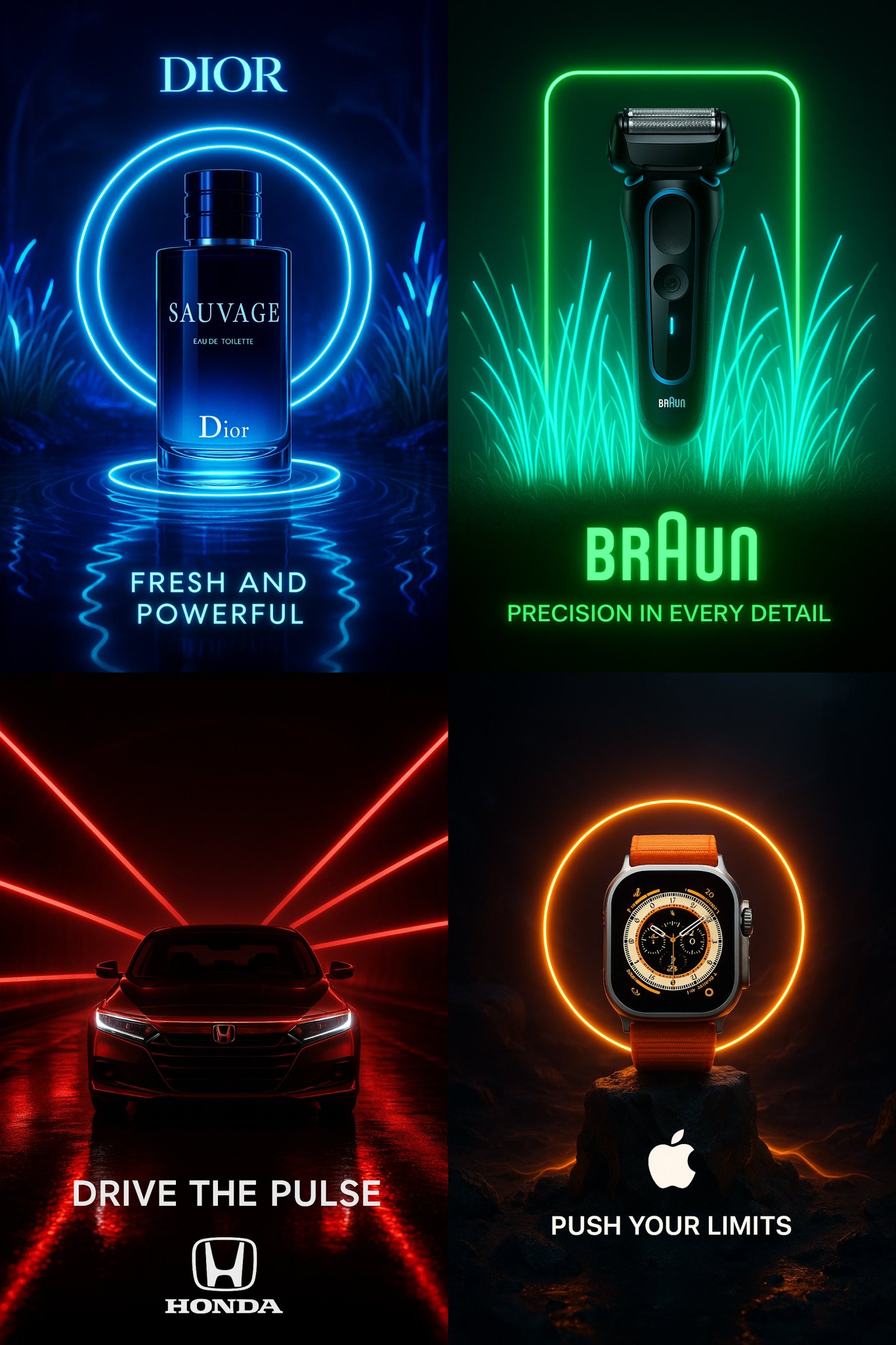 Generate a cinematic product advertisement centered on {{PRODUCT_NAME}} with bioluminescent neon lighting, surreal minimalism, and a dark ambient background. Includes high-fidelity brand logo integration, long-exposure light effects, dramatic shadows, and a powerful 3-word tagline.