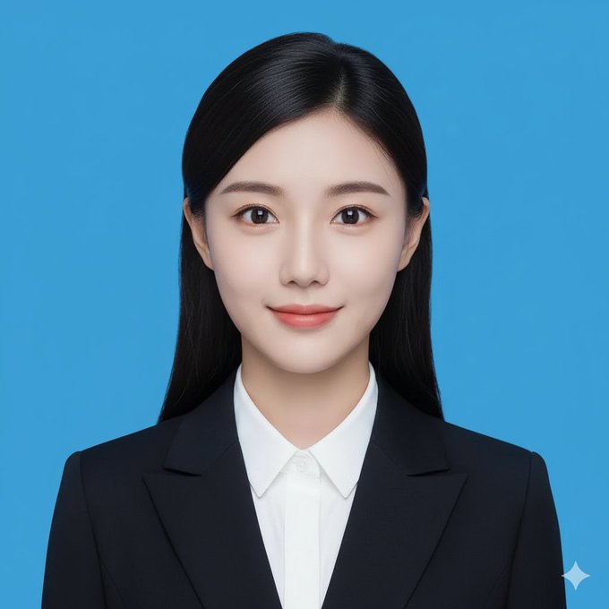 Crop the subject’s head from the uploaded portrait and generate a 2-inch ID photo with a blue background, professional formal attire, a straight-on face, and a slight smile.