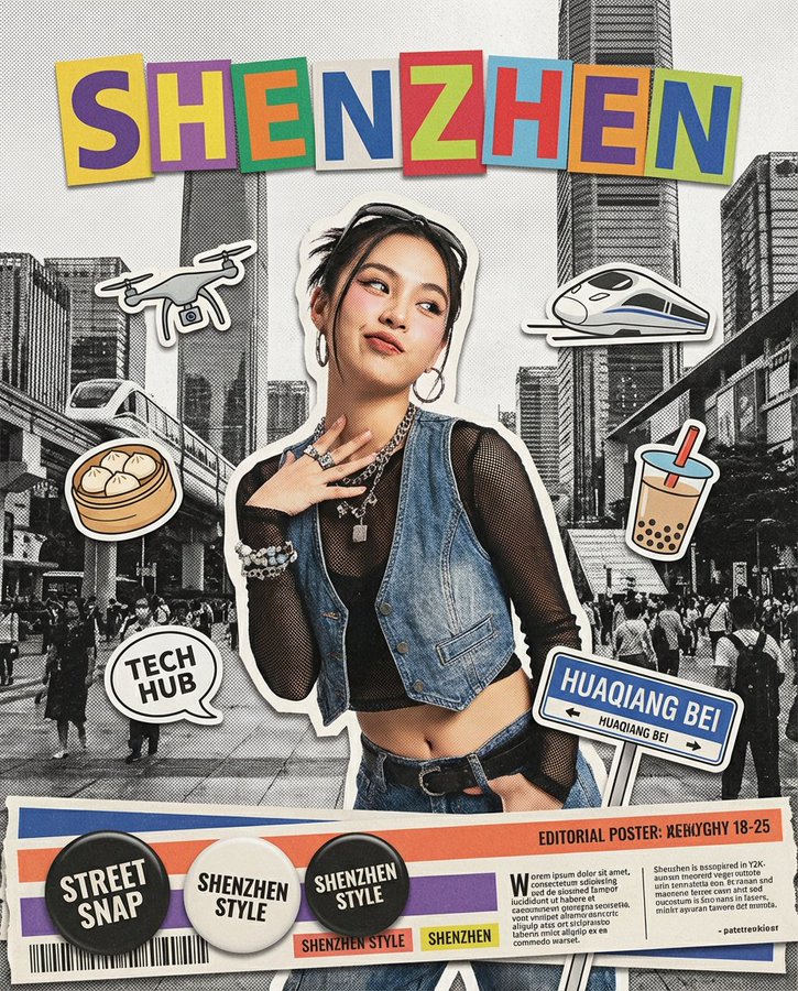 A high-energy Y2K-inspired paper-cut editorial collage poster centered on {{CITY_NAME}}, featuring a dominant waist-up fashion portrait, city-specific stickers, and a magazine-style footer. Built with tactile paper texture, visible cut edges, halftone print feel, and layered depth.