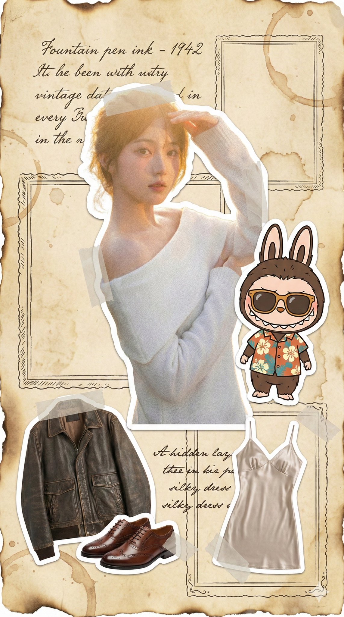 Create a 9:16 retro fashion illustration styled like a flat scrapbook page on yellowed, aged paper with burned edges, coffee stains, sticker collage elements, and pen-ink doodles.
