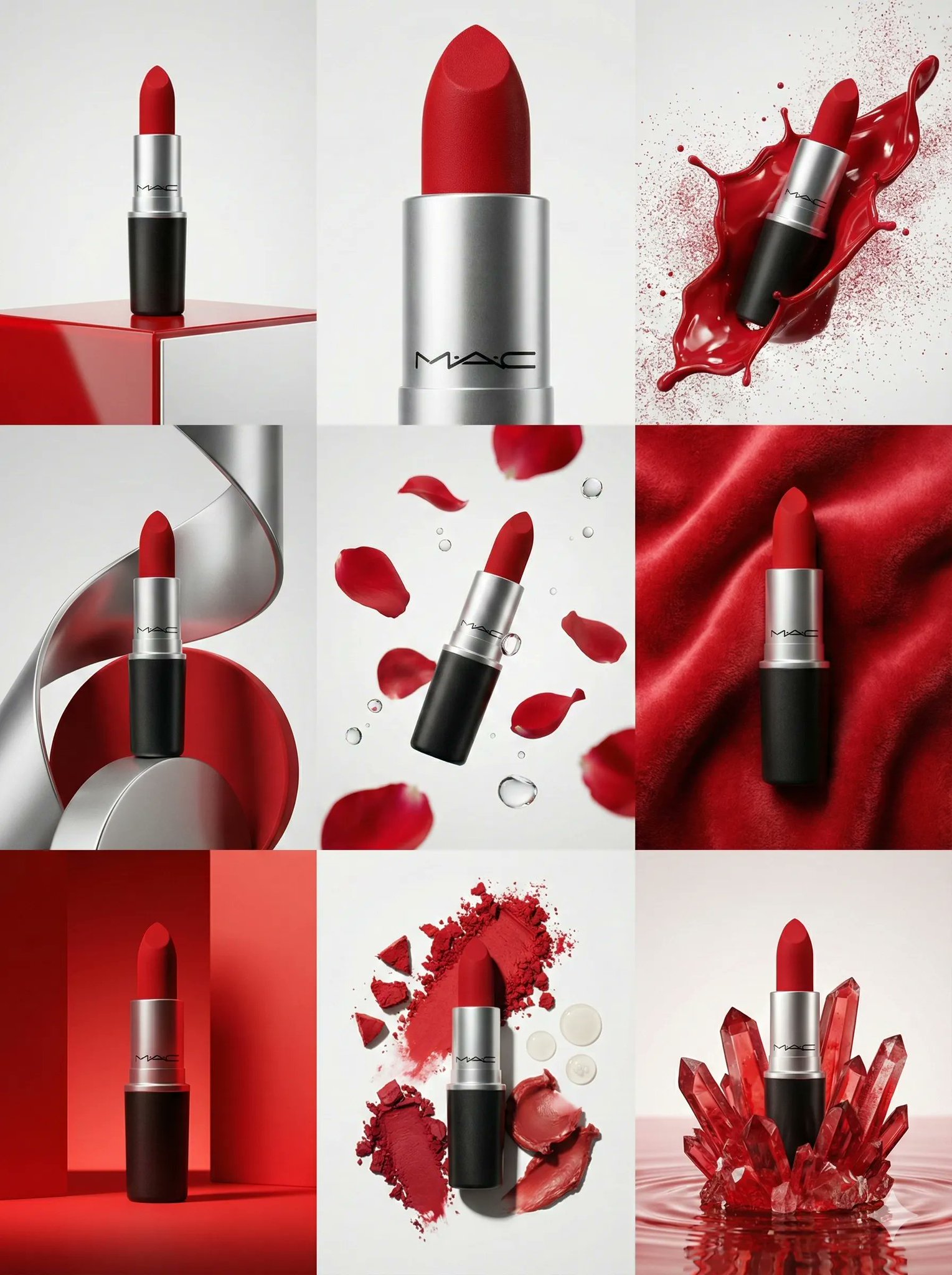 Create a cohesive 3×3 grid of nine distinct, high-end studio advertising concepts centered on a user-uploaded product, with strict brand-accurate consistency across every frame.