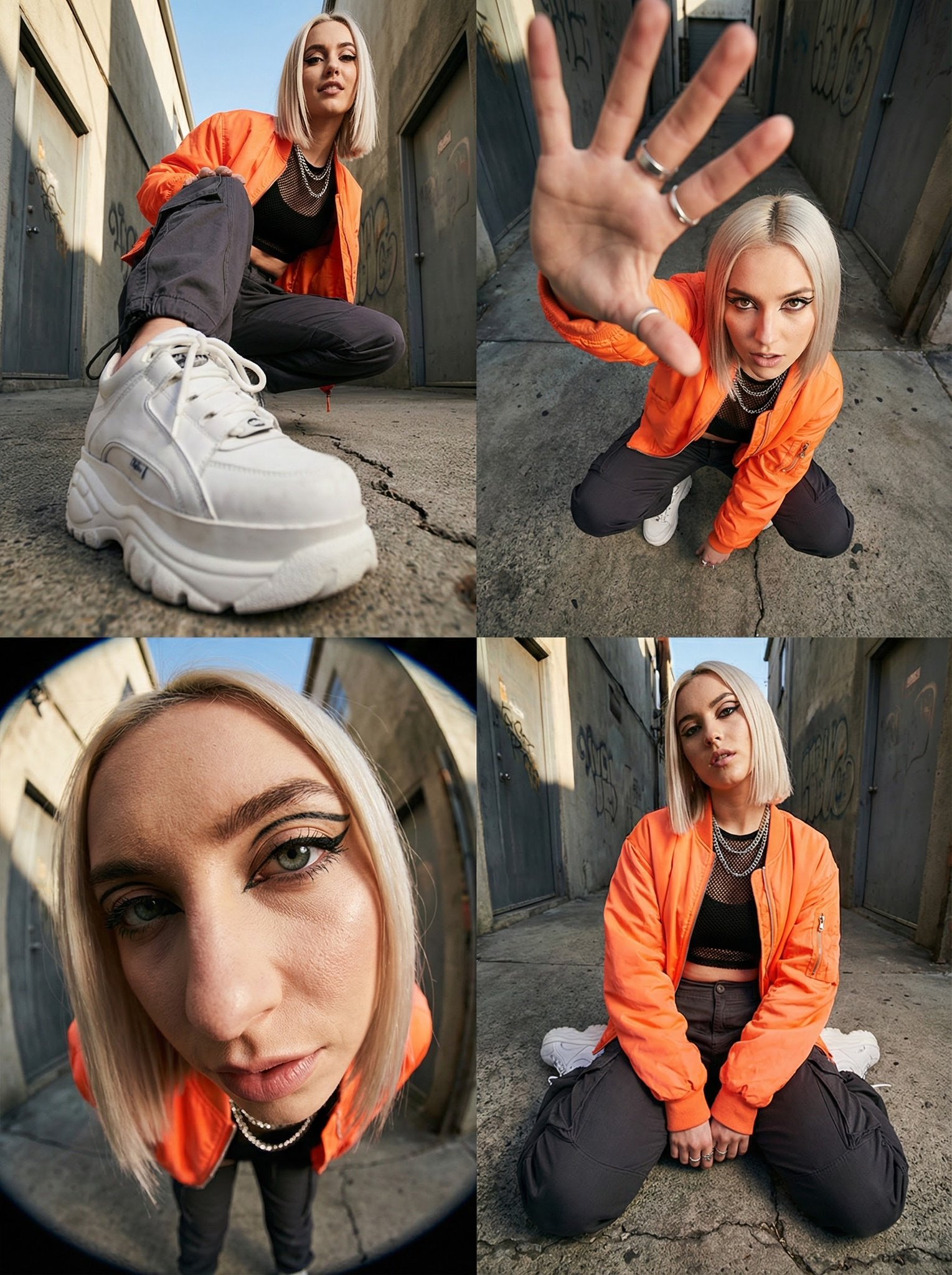 Create an editorial print-ready 2x2 fashion magazine collage featuring a consistent female streetwear model shot with an ultra-wide 12–14mm perspective, exaggerated foreshortening, and hard afternoon sidelighting in a gritty urban alleyway.
