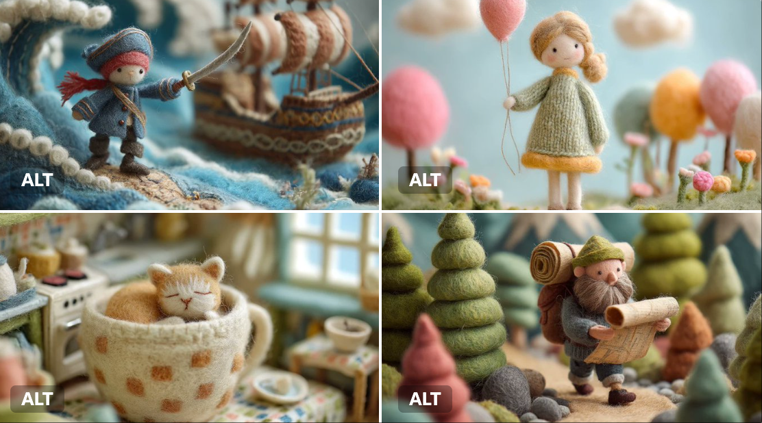 Create a handcrafted felted wool character with visible fiber texture and uneven stitching, staged inside a layered-fabric miniature diorama with soft pastel props. The result feels like a cozy, tactile still from a stop-motion fairytale made entirely of felt and thread.