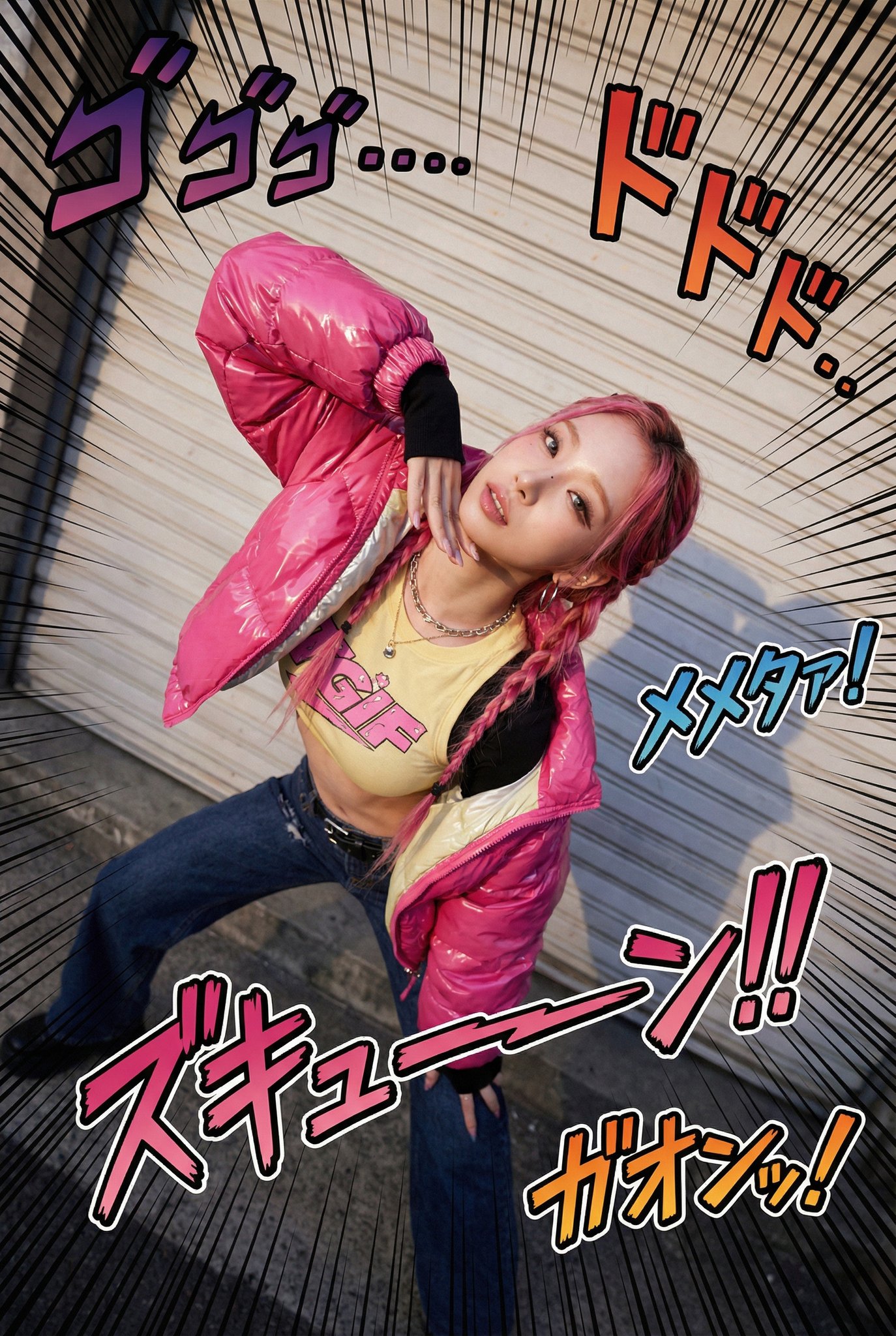 Transform an uploaded photo into a dramatic, photorealistic JoJo-style splash moment by reposing the body into an extreme yet plausible stance and switching to a cinematic camera angle, while keeping the person and background recognizable. Add bold Japanese manga SFX and subtle action lines without turning the subject into a drawing.