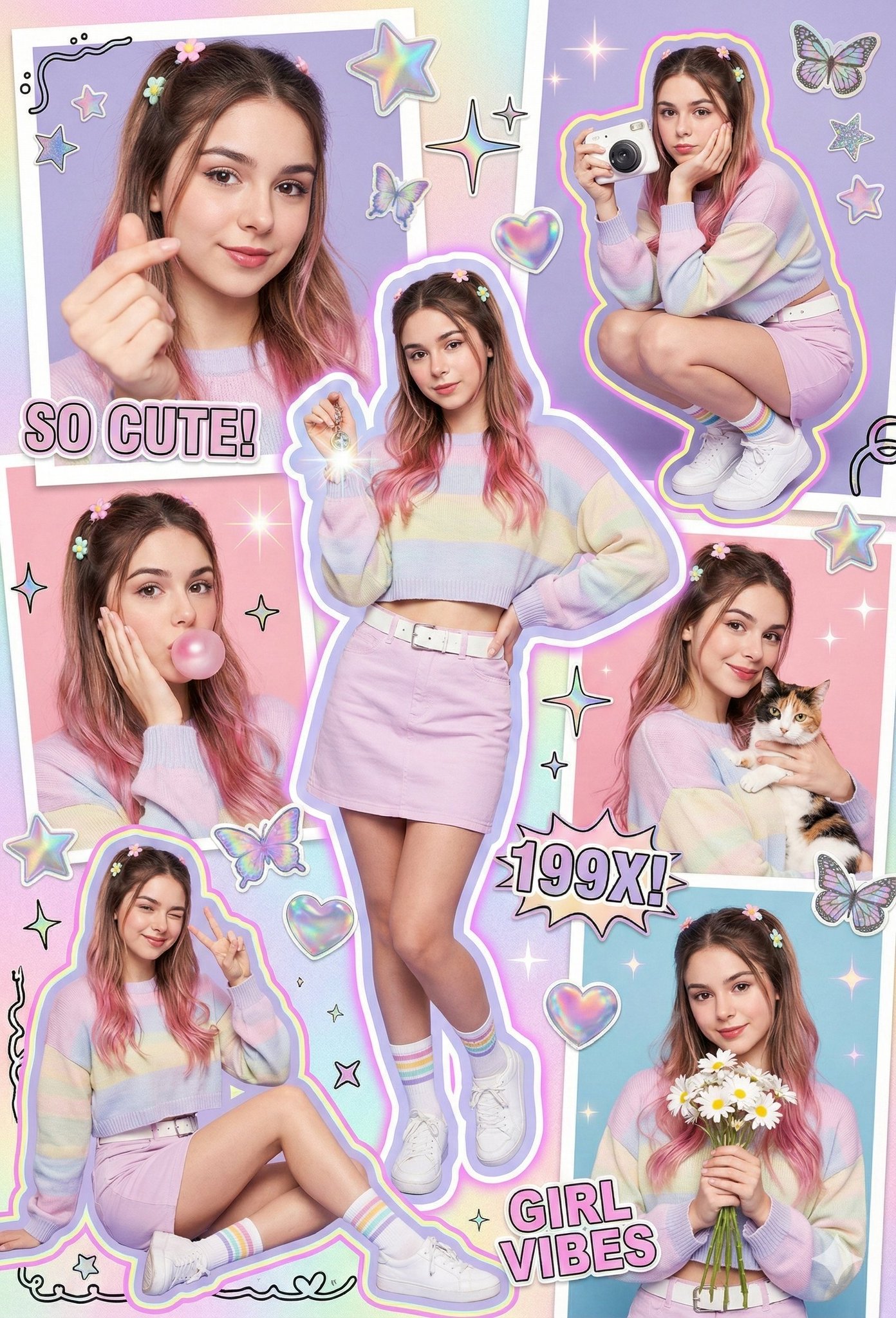 A colorful Y2K scrapbook-style poster collage featuring multiple cutout poses of the same young woman, packed with stickers, doodles, neon outlines, pastel gradients, and holographic glitter accents.