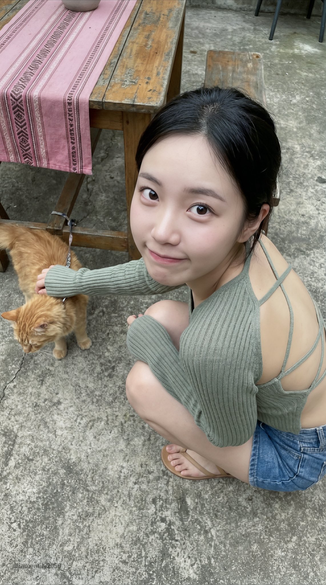 Hyper-realistic candid smartphone-style lifestyle photo of a young Asian woman squatting on a rustic concrete patio, glancing back with a tight-lipped shy smile while reaching toward an orange tabby cat near a wooden table with a pink patterned runner.