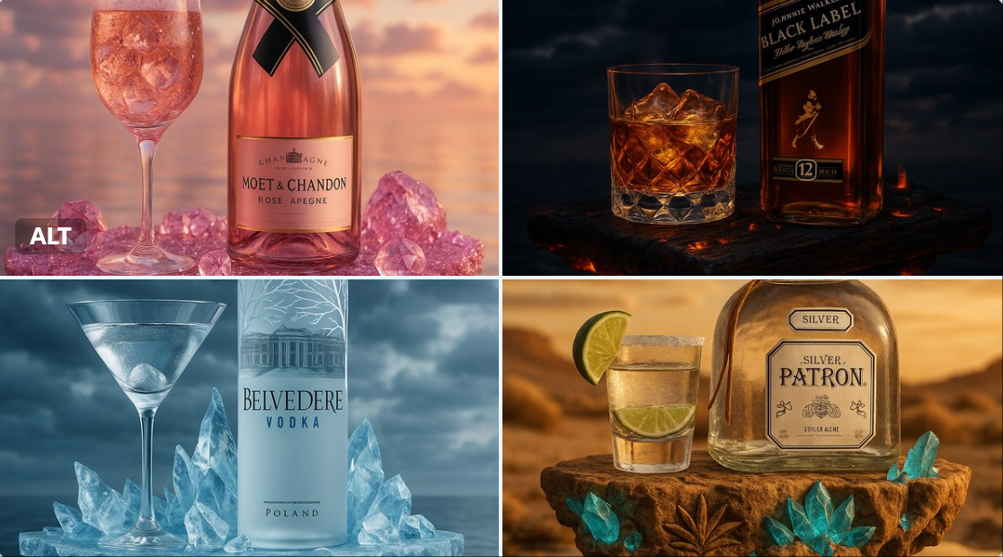 Create a highly detailed cinematic luxury advertisement scene featuring a premium alcohol brand showcased on a surreal floating platform with reflective water and a dreamy sunset sky. Photorealistic macro details highlight the material-crafted platform and a matching filled glass for high-end product photography.