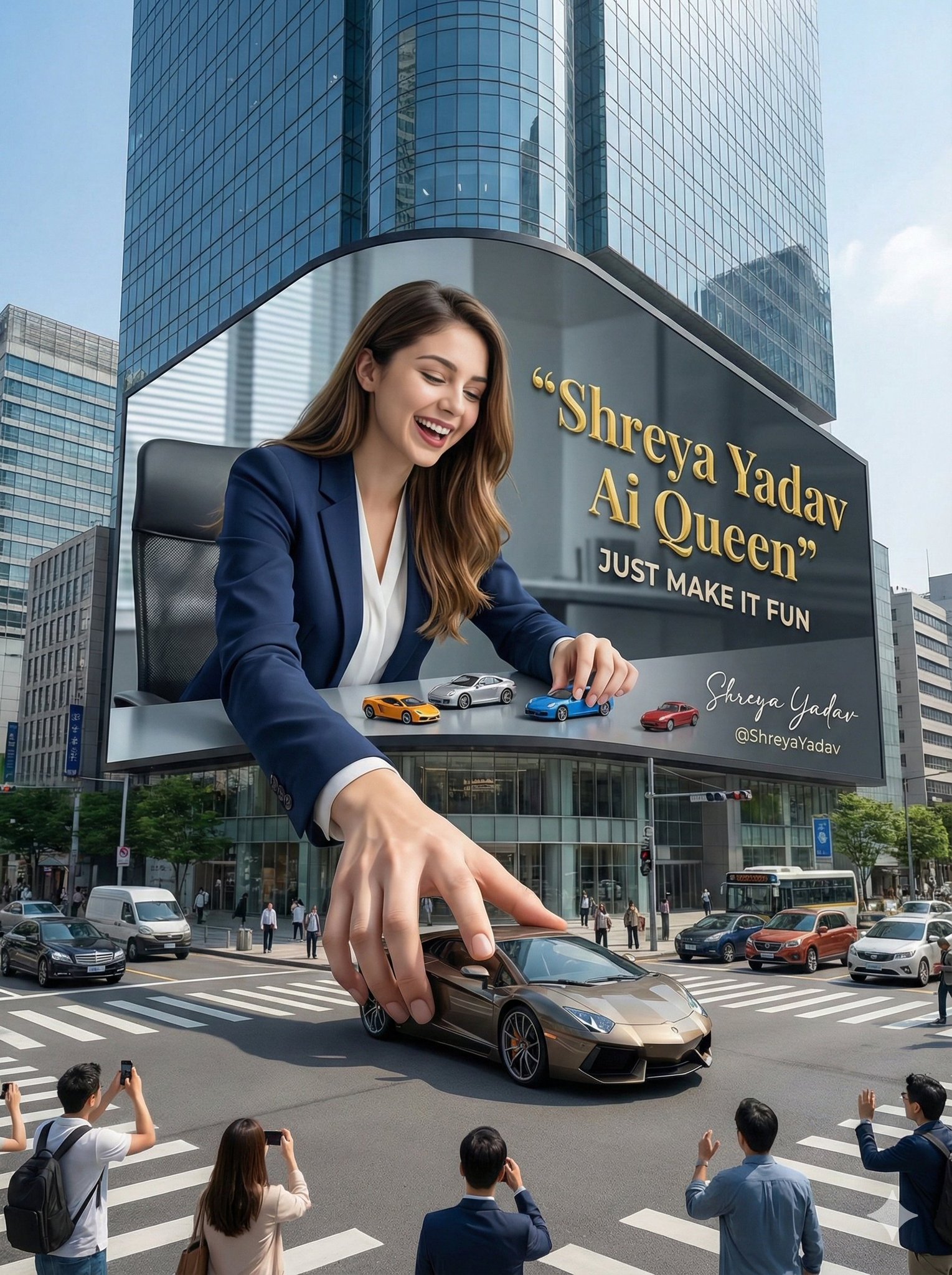 Create a photorealistic anamorphic 3D billboard scene on a modern building corner, featuring an office-styled woman interacting with a toy car illusion and bold luxury-fashion slogan text.