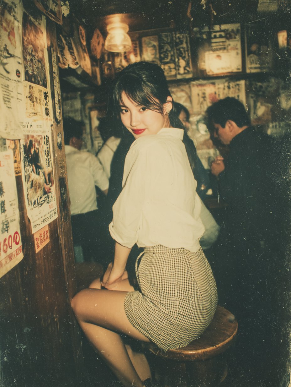 A candid, tight-composed portrait of a young woman in a small, crowded Japanese izakaya, lit by direct on-camera flash with harsh shadows and grain. The scene evokes nostalgic 90s disposable-camera aesthetics with warm, emotionally charged ambiguity.