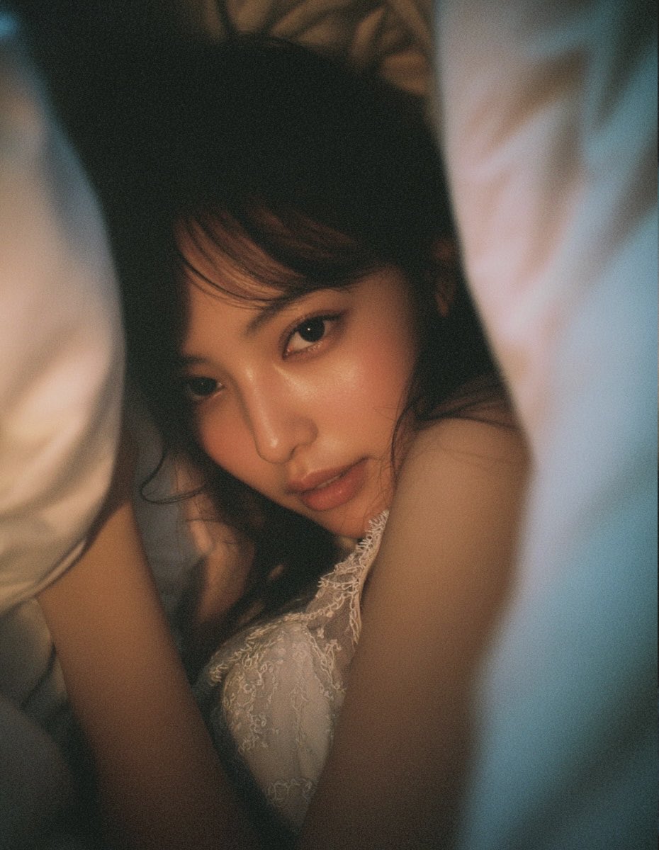 A dreamy, intimate realistic portrait of an Asian woman lying under a blanket in a cozy bedroom, lit by soft natural light with cinematic film grain. Warm pastel tones, shallow depth of field, and subtle haze create a gentle, soothing mood.