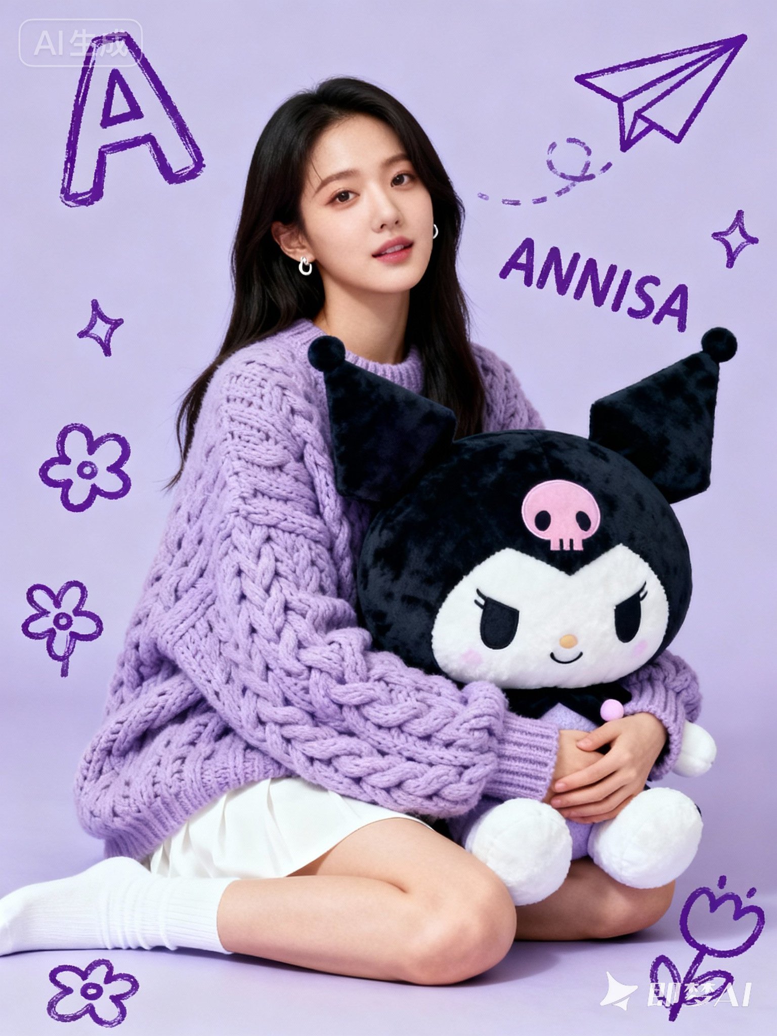 Create a full-body studio portrait of a young East Asian woman seated on the floor against a light purple background, hugging a large Kuromi plush toy with a warm, K-pop photocard vibe. Bright, soft lighting and playful purple doodles and text complete the cozy, fan-magazine cover look.