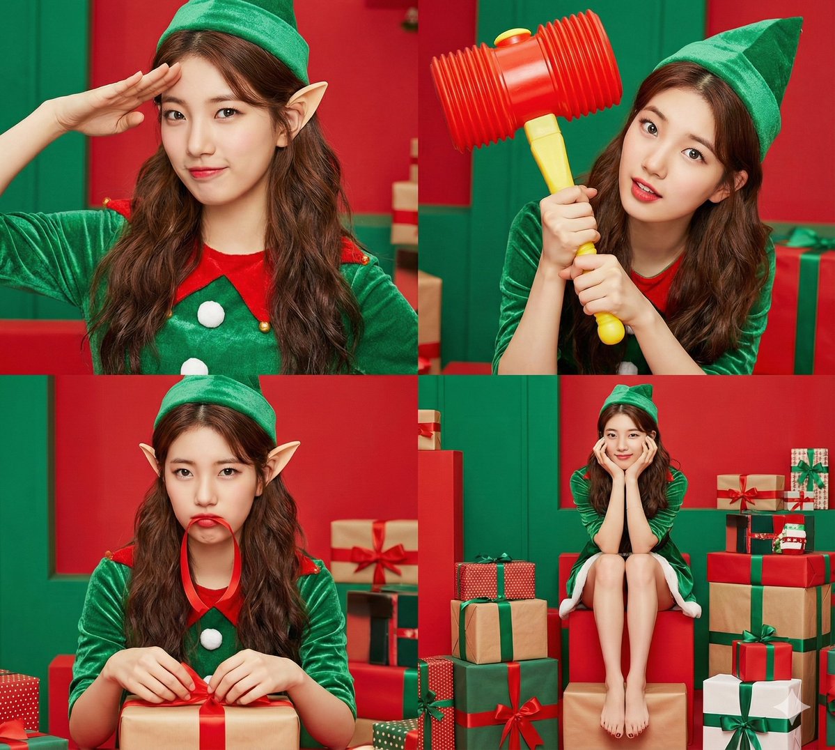 A photo-real 4-panel split-screen puzzle featuring the same playful female Christmas elf in a saturated red-and-green workshop setting, shot with bright studio lighting. Each panel shows a different cute, mischievous action with crisp focus and vivid K-pop album booklet styling.