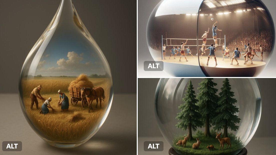 A studio-lit still life of a giant transparent/glossy container holding a highly detailed miniature 3D diorama scene. Emphasis on scale contrast, soft shadows, and refractive highlights for a surreal sci‑fi mood.