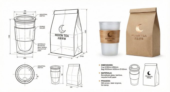 Create a professional packaging design proposal board for a {{PRODUCT_TYPE}} brand, showing a black minimalist packaging bag and hangtag. The layout includes a left-side line-drawing structure sketch, a right-side realistic material render, and concise spec annotations on a clean white background.
