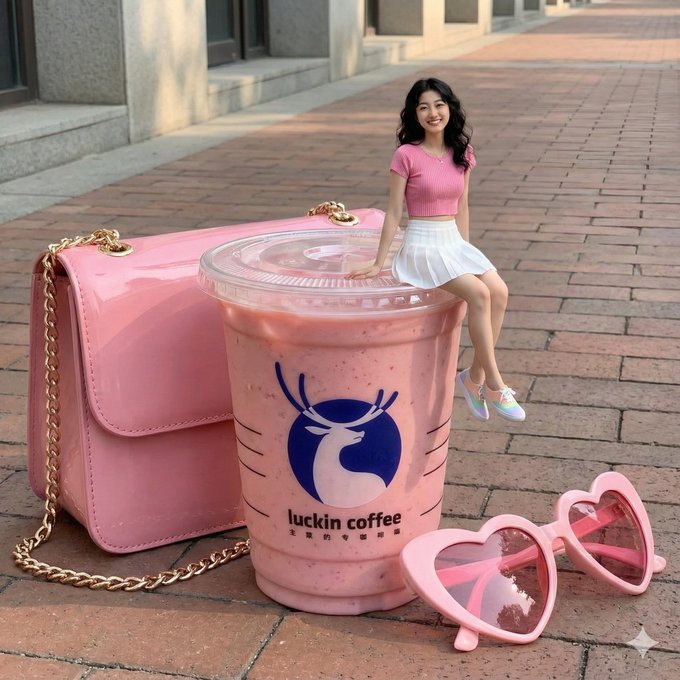 A realistic outdoor medium-shot photo featuring a tiny playful woman perched on the lid of a gigantic transparent Luckin Coffee cold drink cup, with the blue antler logo clearly visible. Matching oversized pink accessories (a glossy handbag and heart-shaped sunglasses) complete the pink-themed branded scene in a 1:1 composition.