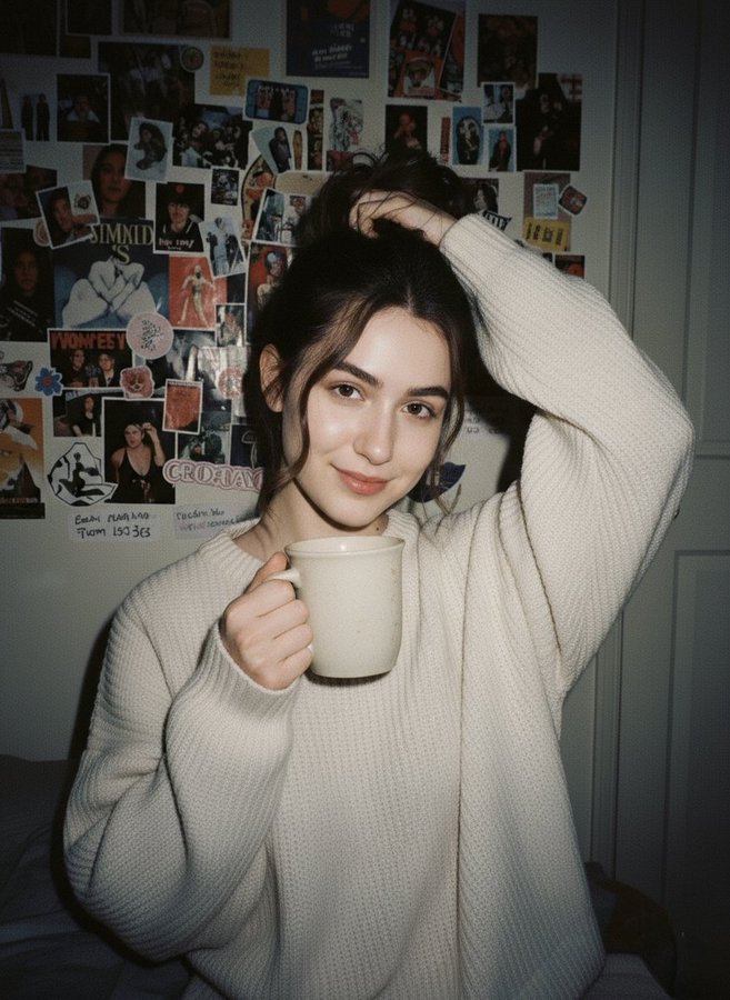 Create a direct-front-flash 1990s camera-style portrait of a young woman with porcelain-white skin, messy tied-up dark brown hair, and a calm yet playful smile in a dim, cozy bedroom setting. The scene features a dark white wall covered with aesthetic magazine posters and stickers, paired with a modern oversized cream sweater look.