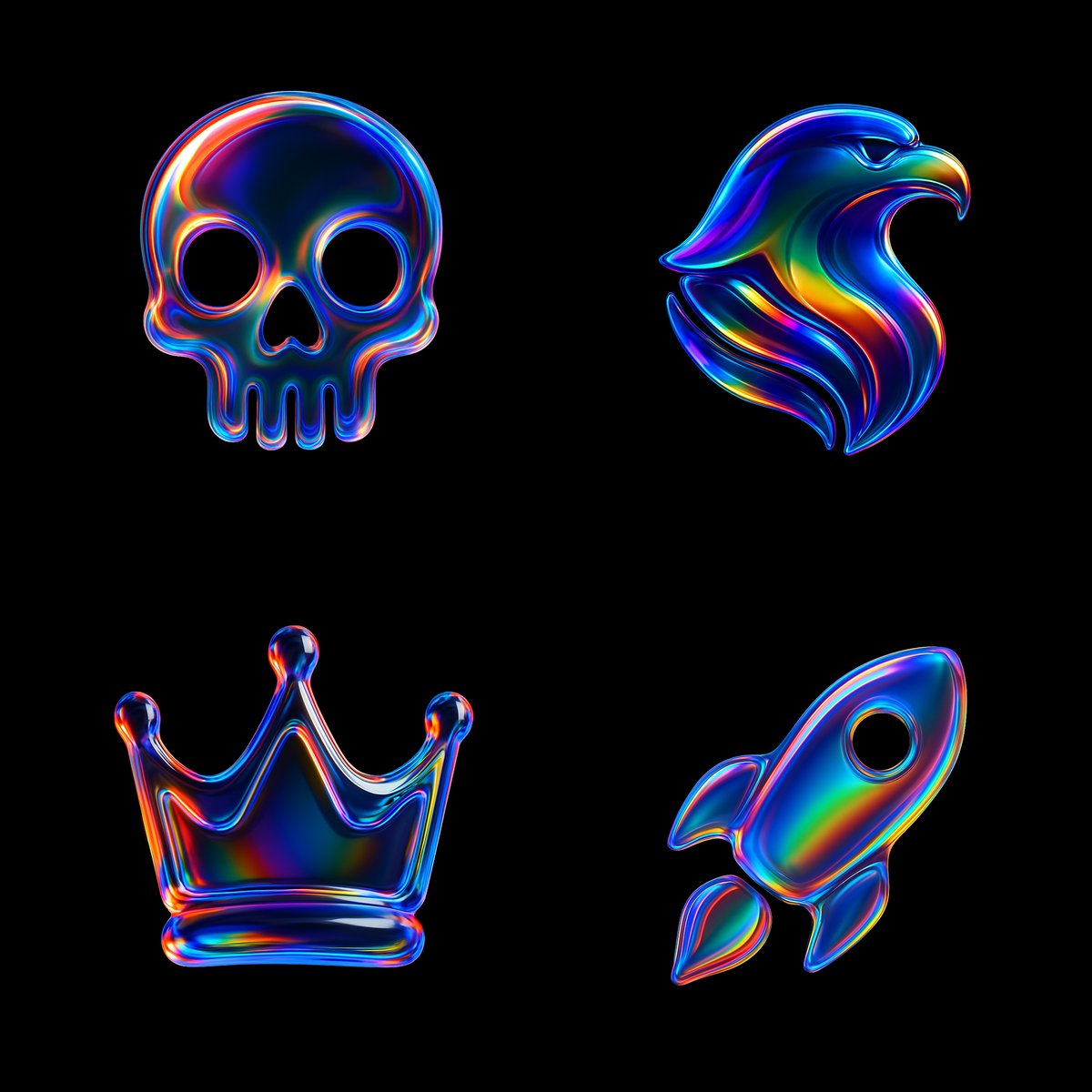 High-resolution square icon of a glossy, translucent glass skull with vivid refracted rainbow gradients, centered on a solid black background. Clean, abstract-yet-recognizable sculpture look with no shadows, textures, or extra elements.