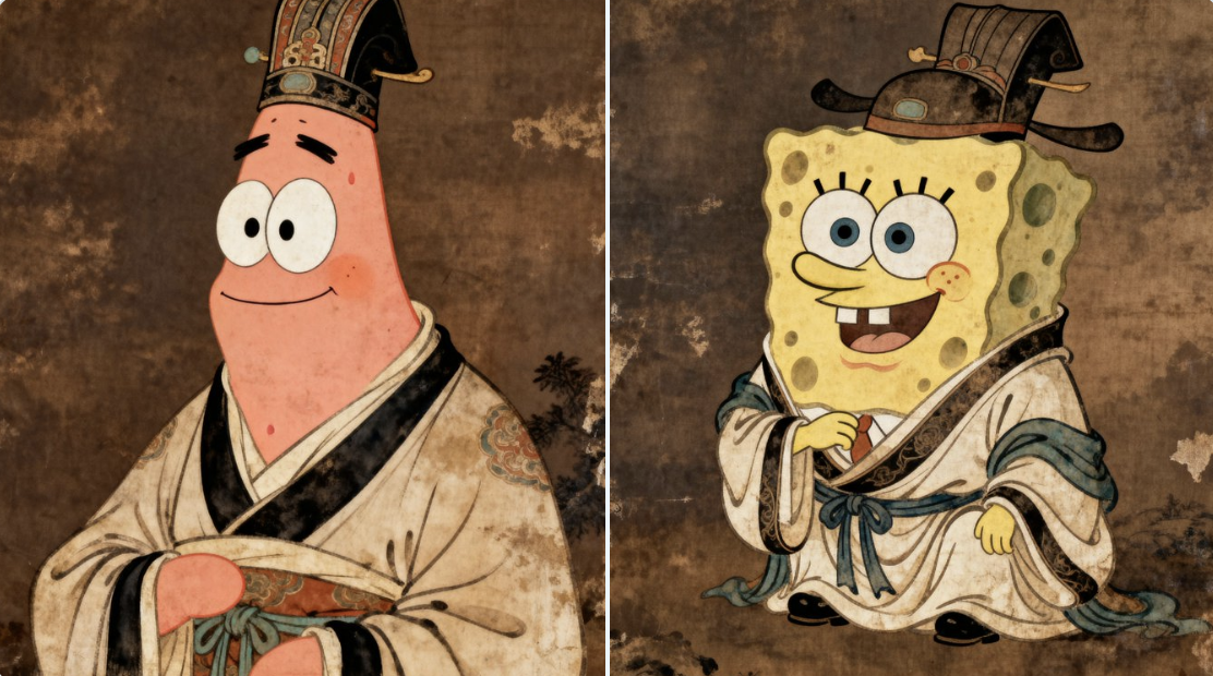 A naturalistic depiction of a starfish character dressed in Tang Dynasty attire, rendered as a high-resolution, dark umber-brown, antique-style oil painting with Northern Song aesthetics.