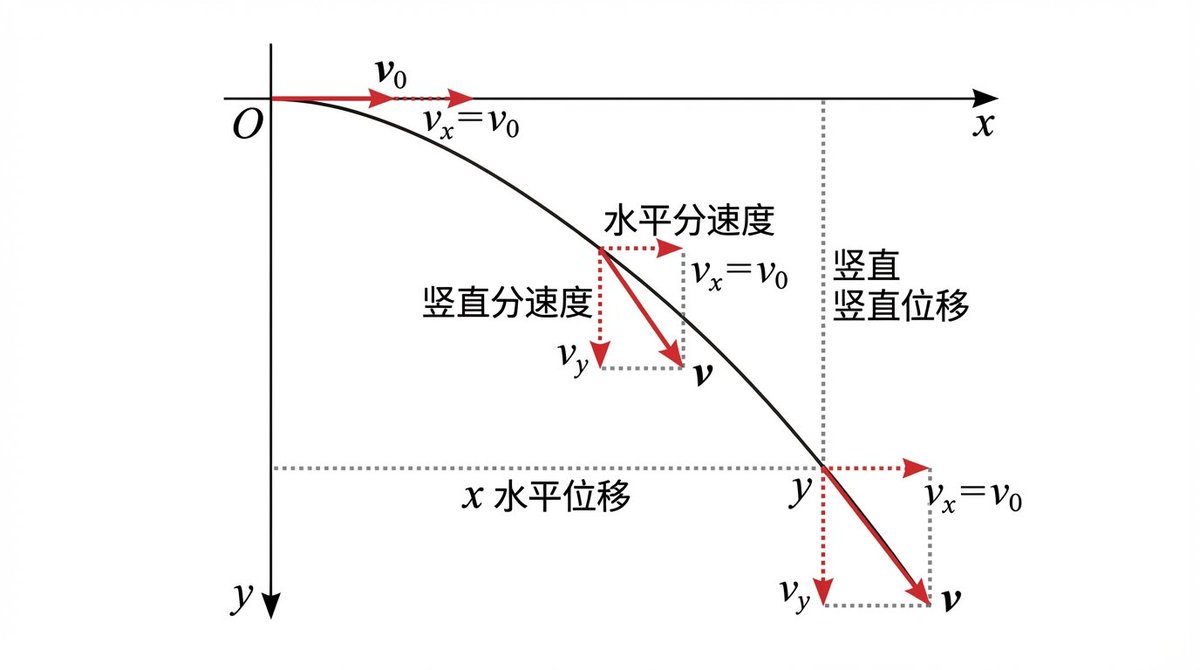 A clear diagram illustrating a projectile (horizontal throw) motion trajectory with decomposed velocity and displacement components. Designed for creative educational visuals explaining vector decomposition in kinematics.