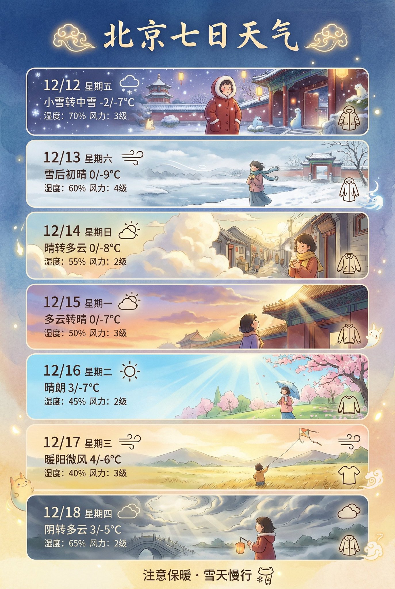 Create a vertical, share-ready weather visualization poster for Beijing covering the next 7 days including today, with clear Chinese date and weather metrics. Each day is represented by a distinct scene or symbol, using color and atmosphere to convey conditions and optionally adding clothing or travel tips.