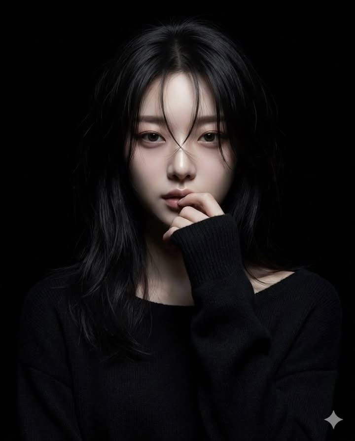Create a hyperrealistic realistic-anime female character portrait against a completely black background, lit only by a sharp-edged narrow-beam spotlight centered on the face for a dark, dramatic, mysterious mood.