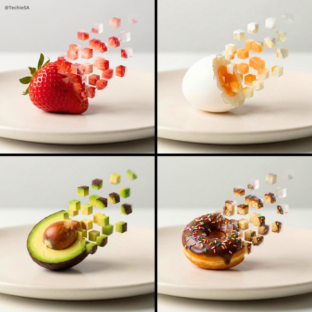Create a cinematic minimalist food photograph where a single food item is captured mid-transformation into floating 3D pixel-like cubes on a light matte surface. Emphasize hyperreal detail, soft studio shadows, shallow depth of field, and subtle motion blur on the cubes.