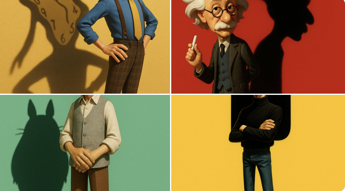 A high-resolution vertical Pixar-style 3D portrait of Salvador Dalí on a clean yellow background, featuring a symbolic melted-clock shadow inspired by “The Persistence of Memory” and minimalist typography.