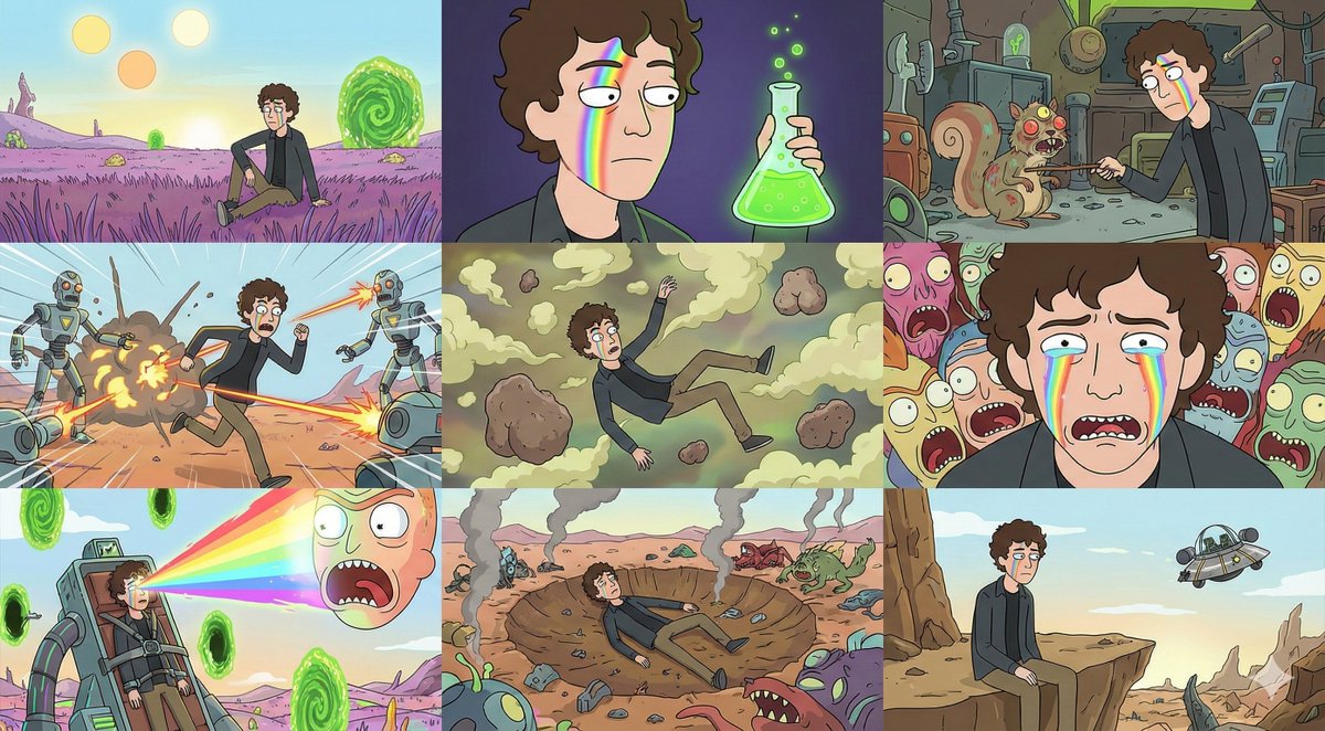 Create a cohesive 3x3 (9-panel) storyboard of high-quality 16:9 video stills for a high-end music video, synthesizing multiple uploaded images into one consistent subject, palette, lighting, and environment with a Rick and Morty world vibe.