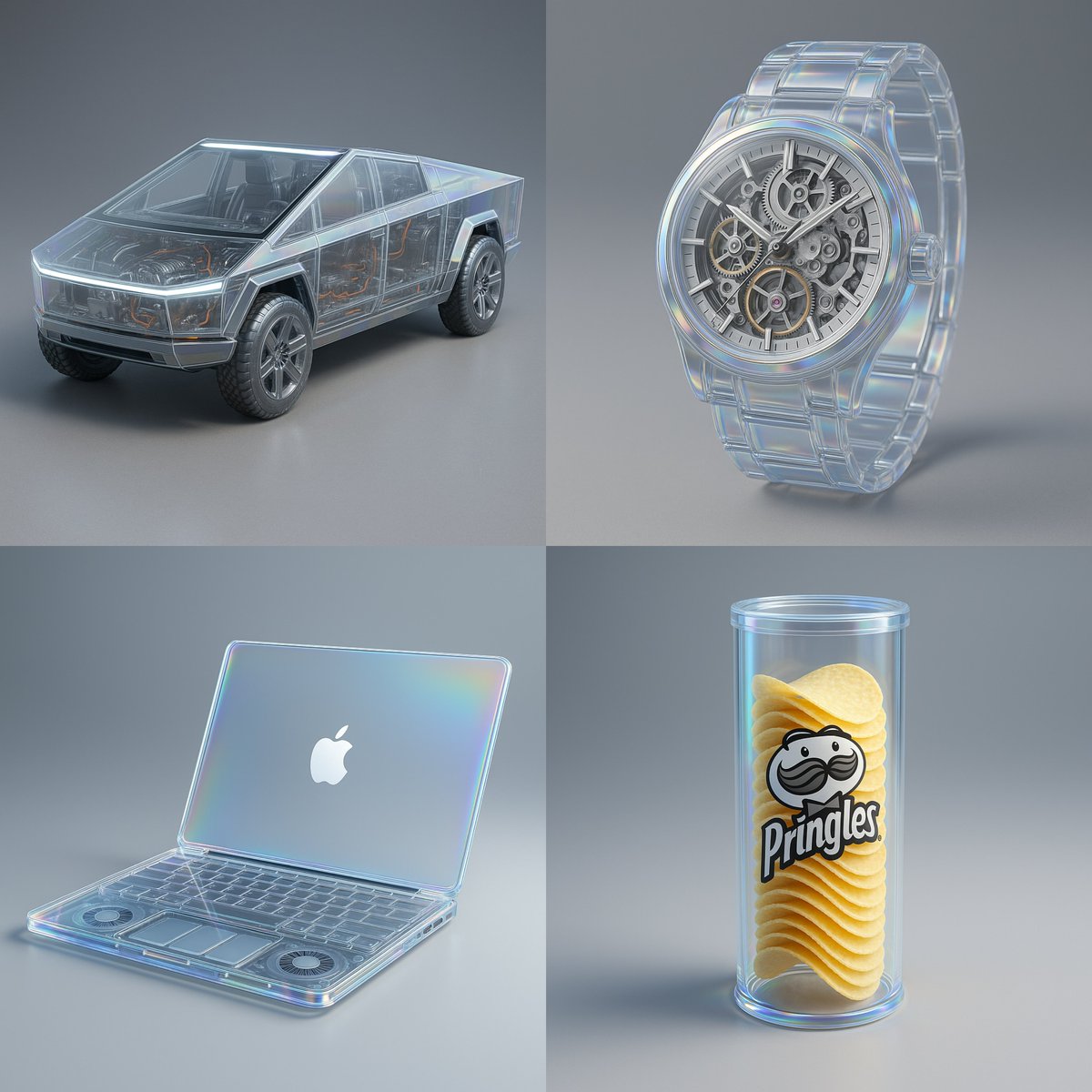 Create a fully transparent {{PRODUCT}} in ultra-clear iridescent glass, revealing internal components and mechanics in photorealistic detail under ~7000K studio lighting on a neutral background.