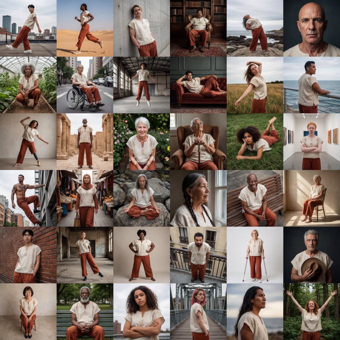 Create a 6x6 editorial fashion photo grid where all 36 models wear the same reference clothing item, with every person distinctly different in age, body type, ethnicity, hair, and facial features. Use varied poses, camera angles, environments, and moody high-contrast cinematic lighting with sharp detail and the clothing as the focal point.