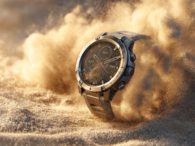 Create a dynamic studio product shot with fine sand particles swirling mid-motion in a desert wind effect, lit with warm golden tones. Emphasize gritty texture contrast and an elemental sense of rugged durability.