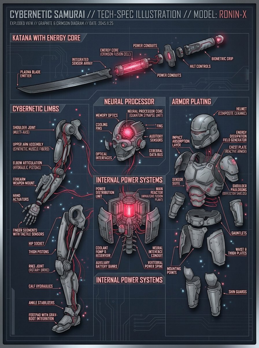 A detailed technical illustration of a cybernetic samurai exploded into labeled components, rendered on a dark blueprint background. Uses a graphite and crimson palette with subtle particle glow and depth shadows in a studio render style.