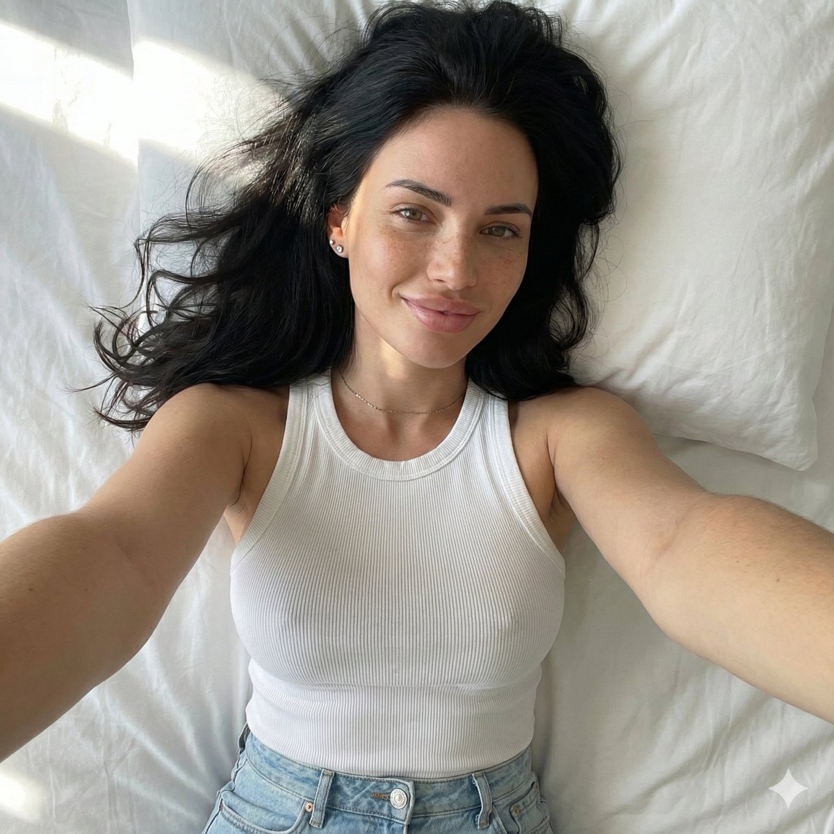 A top-down selfie of a young woman lying on white bedding, lit by warm natural sunlight from the upper left. Close framing captures her soft smile, freckles, and relaxed, comfortable mood against a neutral background.