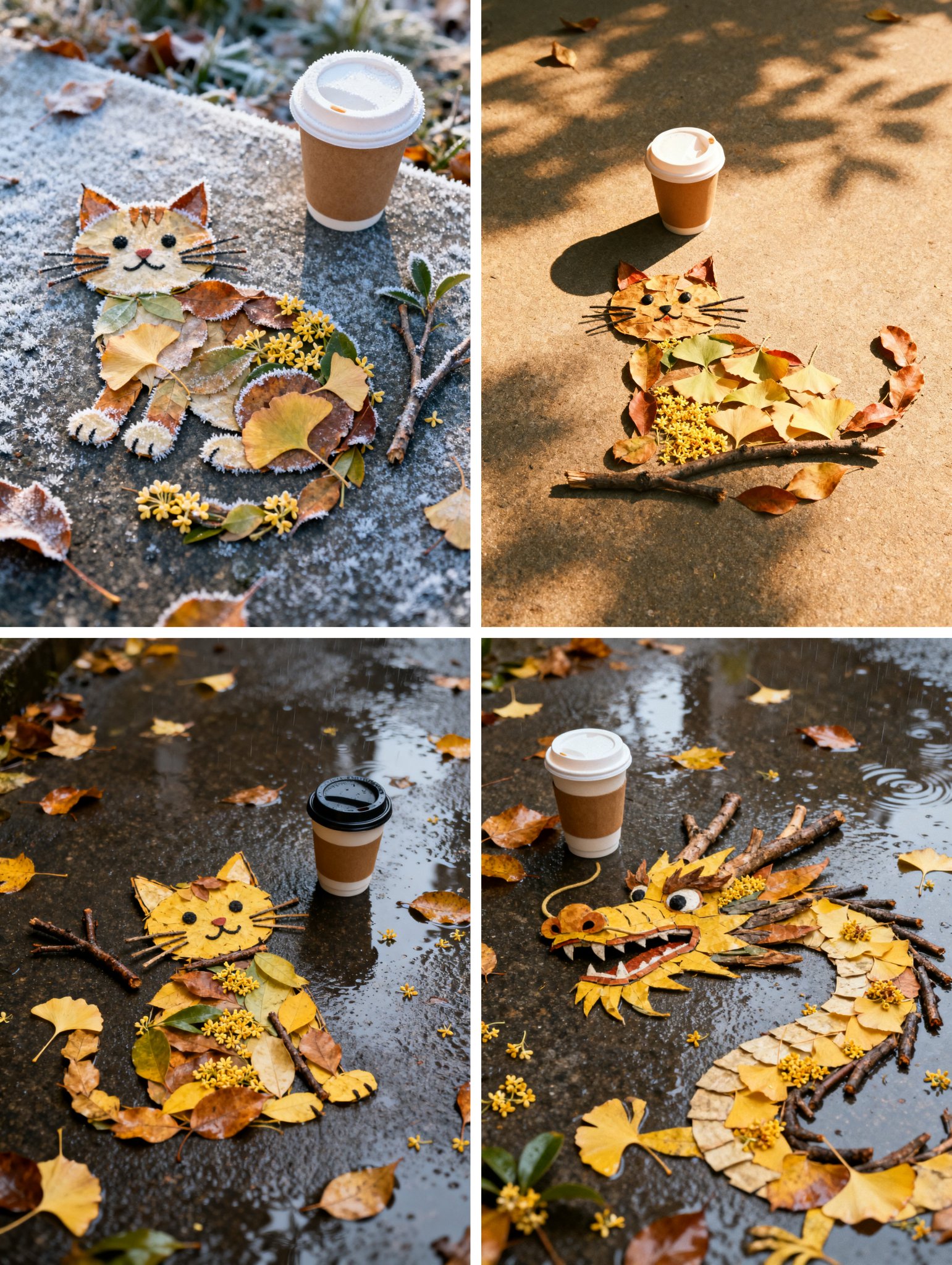 A mid-shot, sunlit afternoon scene with a film texture, capturing autumn leaves, twigs, ginkgo leaves, and osmanthus flowers arranged into a cat shape on a flat surface, with a disposable coffee cup beside it.
