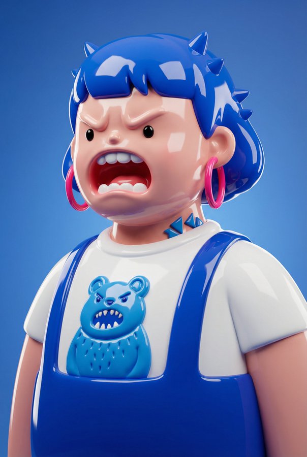 Turn your subject into a glossy, high-reflection vinyl designer-toy character with a chubby silhouette, tiny dot eyes, and a big open mouth. Uses studio lighting, clean background, dramatic shadows, and saturated bright blue/pink colors for an ultra-polished toy-figurine look.