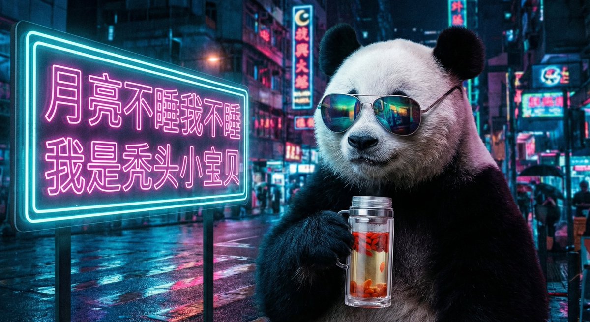 A sunglasses-wearing panda holds a thermos cup steeping goji berries in a deep-night neon city, beside a glowing sign with the quoted slogan. Perfect for neon aesthetic, late-night humor, and cyberpunk-style city vibes.