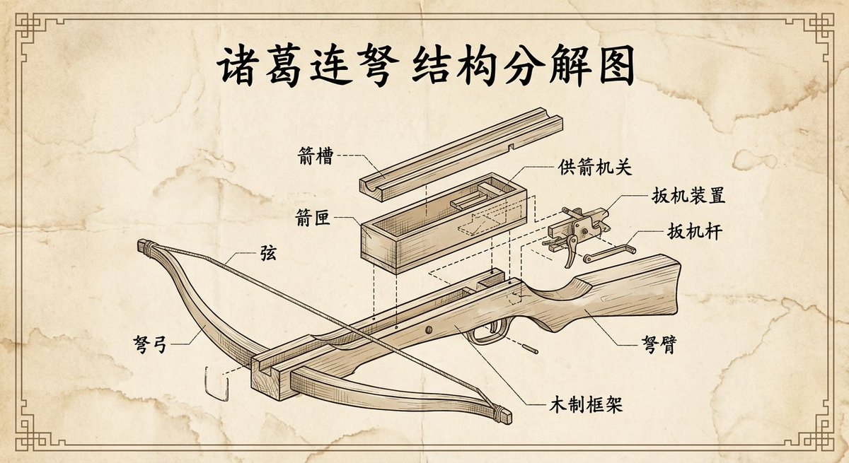 Create a retro-style engineering exploded view of the Zhuge repeating crossbow, presented like a vintage technical illustration with Chinese labels.