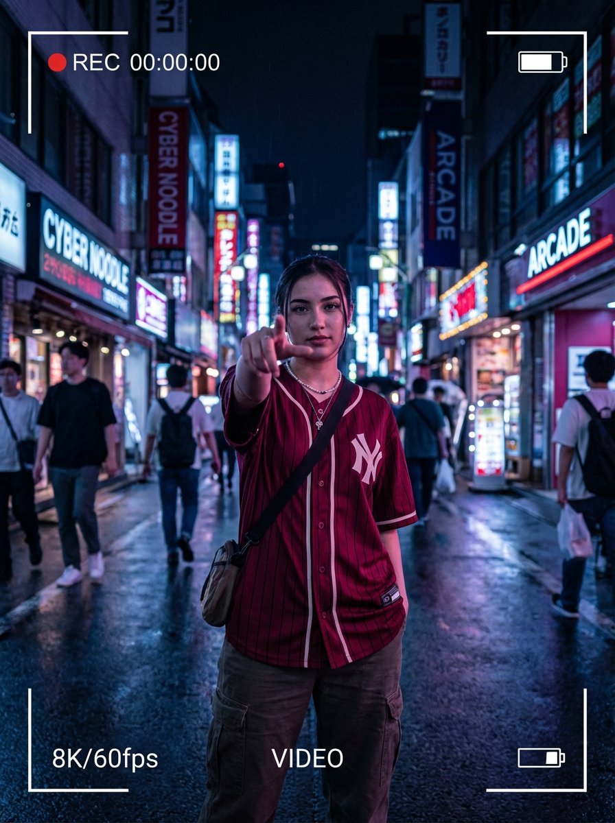 Hyper-realistic night street portrait of a young woman making a dynamic POV gesture with her index finger reaching toward the lens, framed as a cinematic smartphone video recording with on-screen UI elements.