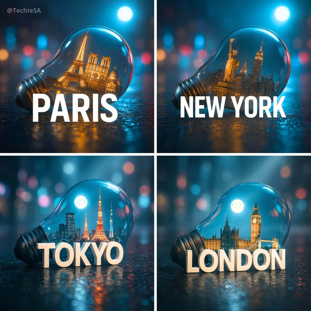 A hyper-realistic, cinematic poster concept featuring a light bulb on wet urban asphalt with a miniature {{CITY}} and its iconic landmarks inside, plus sleek white 3D city-name text in front. Neon reflections, a softly blurred cityscape backdrop, and volumetric light create a moody futuristic DSLR-photo look.